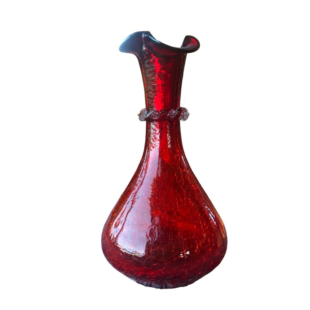 Vtg Ruby Red Amber Crackle Glass Hand Blown Bud Vase Ruffled Rim Applied Rigaree - Picture 2 of 16